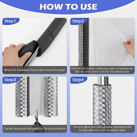 How to use guide for Six Pack Pipe Insulation Foam Tubes With Self Adhesive Aluminum Foil Roll 15.7 Inch Black Pipe Wrap