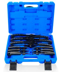 14 Piece Snap Ring Pliers Set With Straight And Bent Pliers, Long Reach No Slip Grip open in blue case with tips visible