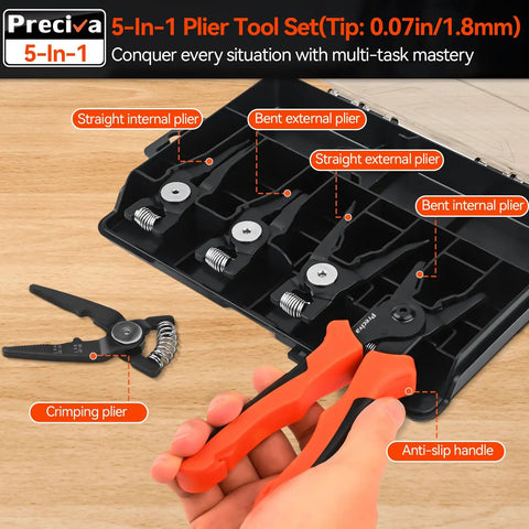 Snap Ring Pliers Set For Internal And External Circlips Beefy Build 4 Jaw Options Straight And Bent Heavy Duty Retaining Ring Pliers For Bearing Installation And Removal Durable Carbon Steel With Rust Resistant Finish in black and orange case with 5 heads