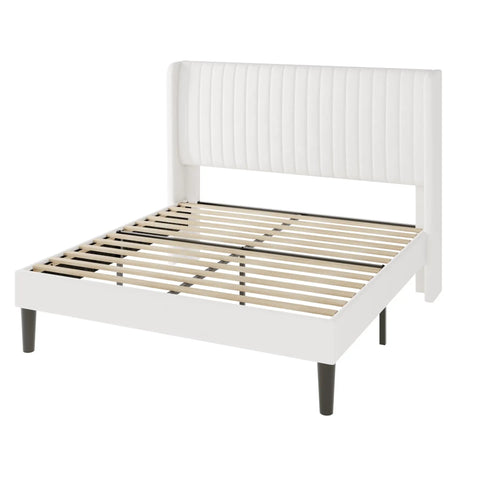 White Queen Velvet Bed Frame With Upholstered Wingback Headboard And Vertical Tufted Design Built On Heavy Duty Metal Base With Wooden Slats For Quick No Box Spring Bedroom Setup That Brings Major Style And Hits Different, side view showing slats.