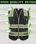 Heavy Duty Ansi Class II High Visibility Safety Vest For Men Custom Printed Logo Reflective Work Gear With Eight Rugged Storage Pockets Black Large Size Top Shelf Durability highlighting features and pockets.