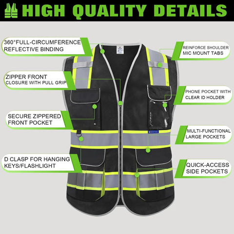 Heavy Duty Ansi Class II High Visibility Safety Vest For Men Custom Printed Logo Reflective Work Gear With Eight Rugged Storage Pockets Black Large Size Top Shelf Durability highlighting features and pockets.