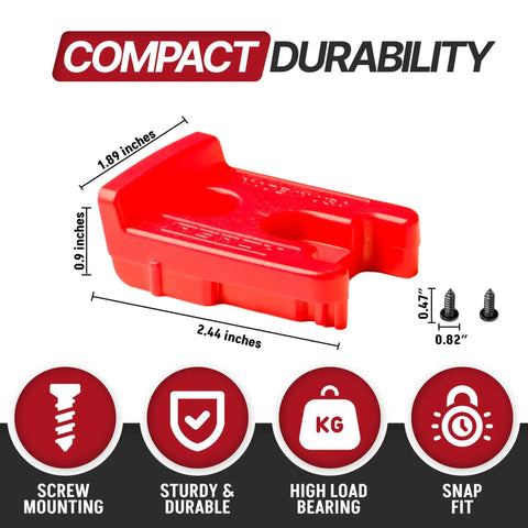 Close-up of a red snap-fit tool holder with dimensions, highlighting features for 9 Pack Tool Holder for M18 and 18V Cordless Tools.