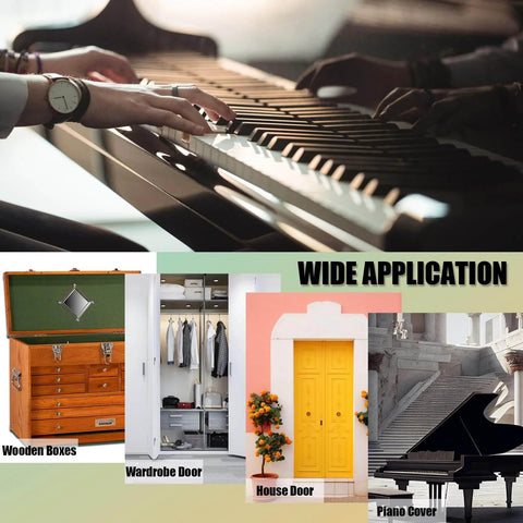 Various applications of Heavy Duty 6 Inch Black Stainless Steel 304 Continuous Piano Hinges Set Of 6 showing piano, doors, and box.