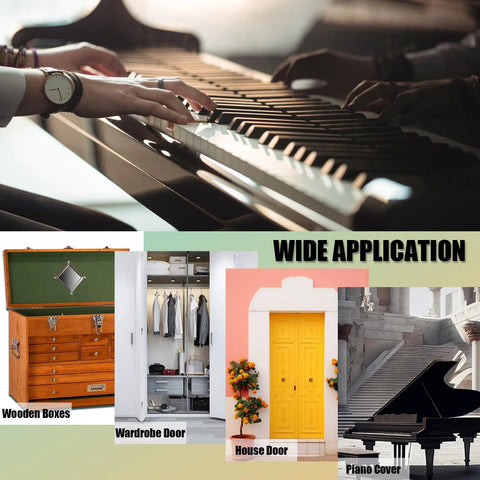 EPHECH 4Pcs 12in black stainless steel continuous hinges; piano keyboard with hands and home-application collage.