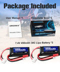 Package includes 7.4V LiPo Battery 2S 30C 450mAh for Axial SCX24 RC cars and drones with JST and PH2.0 plugs.