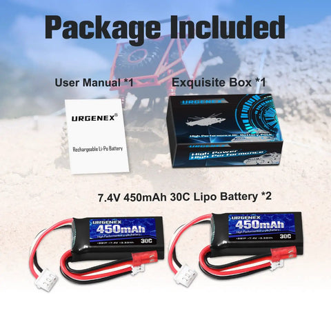 Package includes 7.4V LiPo Battery 2S 30C 450mAh for Axial SCX24 RC cars and drones with JST and PH2.0 plugs.