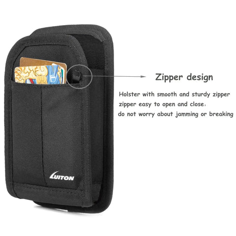 Black rugged belt holster with card slot and zipper for handheld barcode scanners, featuring Rugged Belt Holster Built Tough For Handheld Barcode Scanners That Fits TC70x TC70 TC75x TC75 TC72 TC77 And More With Belt Clip And Loops Zippered Case For Easy One Hand Access.