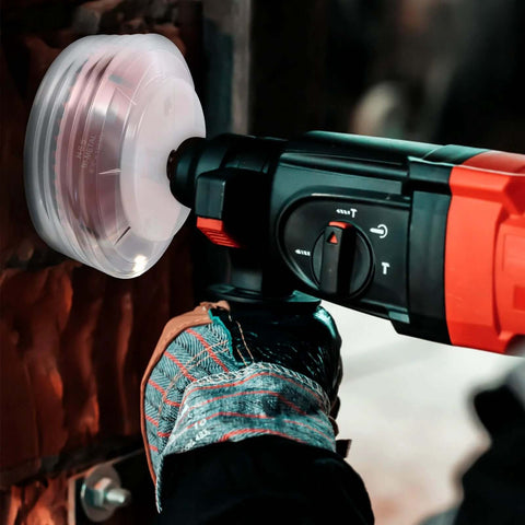 Side view of a cordless drill with a 6.25-inch bi-metal hole saw and dust bowl for recessed lighting.