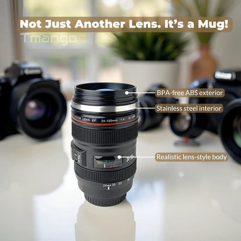 Camera Lens Coffee Mug With Clear Lid And Spoon, Lightweight Lens Cup Replica For Photographers, Gift For Photo Nerds And Fans, Realistic Lens Design, Everyday Coffee Cup, Holiday Gift Box Ready on table with cameras in background