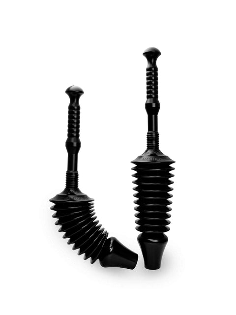 High Flow Toilet Plunger For 1.6 Gallon Low Flush Toilets With Funnel Nose Design 90 Degree Seal No Slip No Splash Includes Tall Bucket Black Durable Build, two plungers with striped handles and rubber bodies