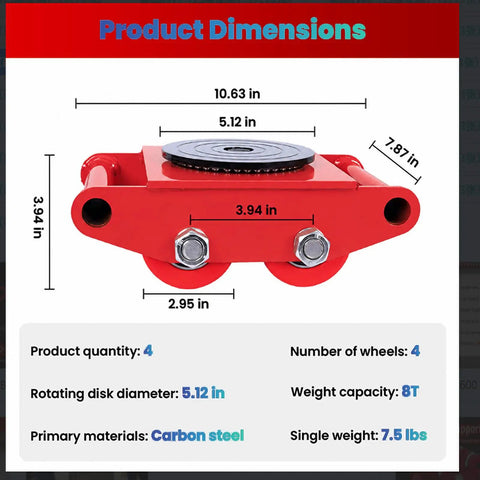 8 Ton Equipment Moving Skates Set Of 4 Heavy Duty Beefed Up Industrial Dollies built for moving bulky machinery product dimensions