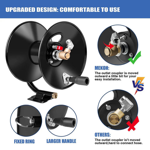 Heavy Duty Pressure Washer Hose Reel With 4000 PSI Rating, detailed view of outlet coupler, hand crank, fittings labeled