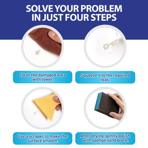 Spackle Wall Repair Kit For Drywall DIYers Fix Cracks Nail Holes Graffiti With Mending Agent Putty Scrapers Nozzle Extender And Sanding Sponge Safe Formaldehyde Free Streak Free Finish Easy To Use steps illustration