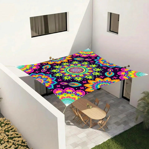 Neon Mandala UV Reactive Sun Shade Sail 6 By 8 Feet Blacklight Glow Canopy over patio table, festive outdoor decor.