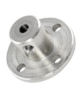 Close-up view of a silver 6mm rigid flange coupling with four bolt holes and central hub