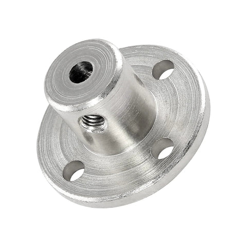 Close-up view of a silver 6mm rigid flange coupling with four bolt holes and central hub