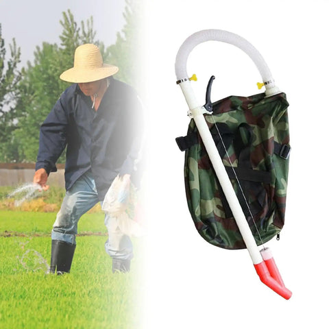 Man using Workhorse Manual Fertilizer Spreader For Granular Fertilizer Broadcast For Vegetables Corn And Plants With 80 Cm Rod And 48x30 Cm Bag