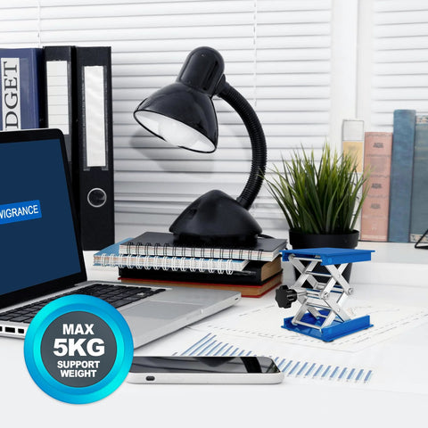 Blue aluminum mini lab jack stands, 2-pack, with scissor lift and 4x4 in platform on desk