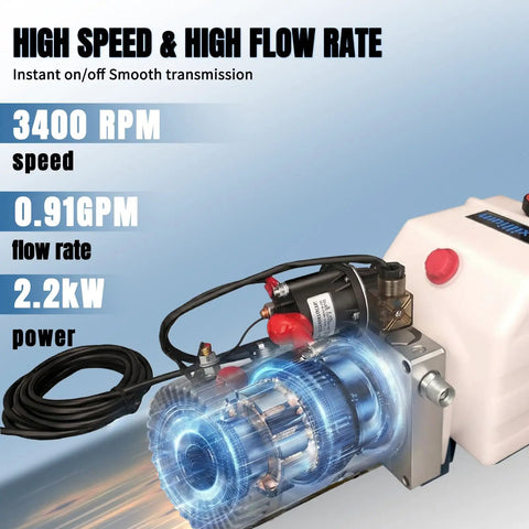 High-speed Beefy 4 Quart Hydraulic Power Unit for Dump Trucks and Trailers with 12V DC Electric Pump.