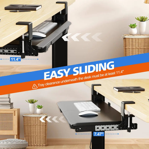 Side view of large height adjustable keyboard tray with sturdy C clamp mount and storage drawer, showing sliding mechanism.
