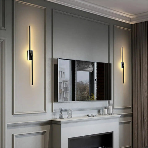 JGSYD Dimmable Led Wall Light with Remote Control Long Strip Modern Simple Aluminum Indoor Wall Sconce Background Linear Wall Lighting Fixture Bedside Decoration Livingroom,Black-80Cm mounted on gray wall beside reflecting mirror.