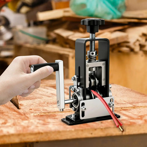 Heavy Duty Electrical Wire Strippers Drill Powered Hand Crank Multi-Function Portable Cable Stripper For Scrap Processing No Mains Power Needed Outdoor Mobile Use Versatile Tool in use with hand cranking.