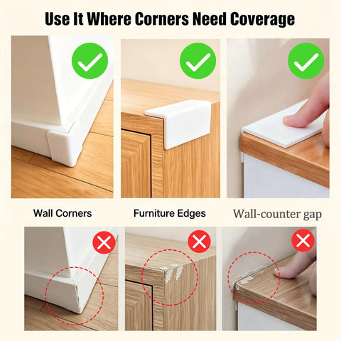 Image showing White Rubber Corner Protectors Self Adhesive Baseboard Guards used on wall corners, furniture edges, and wall-counter gap.