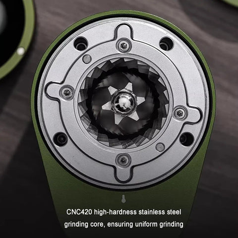 Premium Electric Coffee Grinder featuring game changing stepless conical burr mill with stainless steel grinding core.