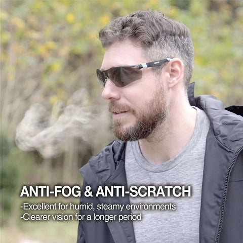 Man wearing Outdoor Safety Sunglasses For Work And Play With Smoke Lenses, UV 99.9 Percent Protection, Anti Fog And Anti Scratch.
