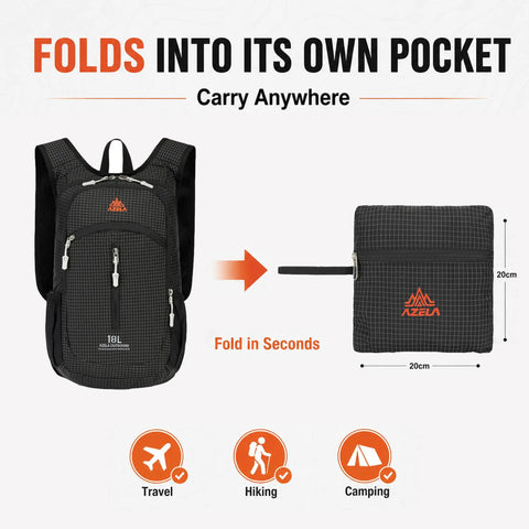Ultralight 18L Foldable Hiking Daypack for Travel Camping and Cycling, shown folded into compact pouch for portability