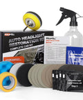 Headlight Restoration Kit With 3 Easy Steps To Fix Sun Damaged Lights, includes sanding discs, foam pad, polish and spray bottle