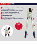 Razorsharp Beefy Heavy Duty Telescopic Ratchet Loppers With Extendable 40.5 Inch Aluminum Handles diagram showing features