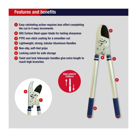 Razorsharp Beefy Heavy Duty Telescopic Ratchet Loppers With Extendable 40.5 Inch Aluminum Handles diagram showing features