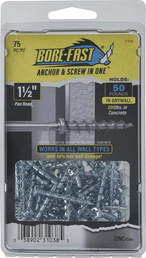 75-count Beefy Heavy Duty Self Drilling Drywall Anchors Set in packaging, suitable for drywall, wood, metal, brick, plaster, concrete.