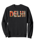 Classic Fit Black Sweatshirt Highlighting Delhi India Travel Vibes With Lotus Temple And Auto Rickshaw Graphics, front view.