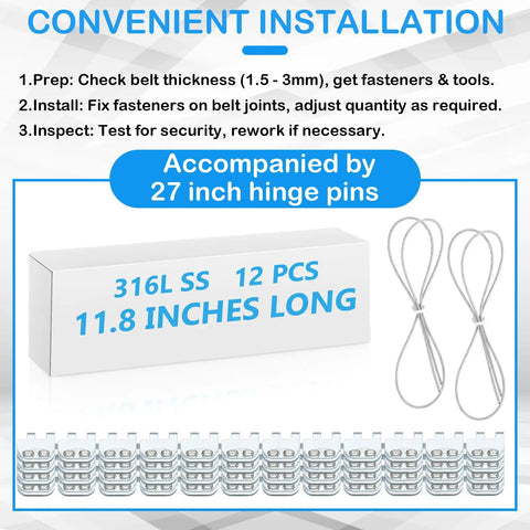 Heavy Duty Conveyor Belt Clipper Lacing Kit, 12 Inch Length, Includes 2 Pairs Zinc Plated Carbon Steel Fasteners With Hinge Pin