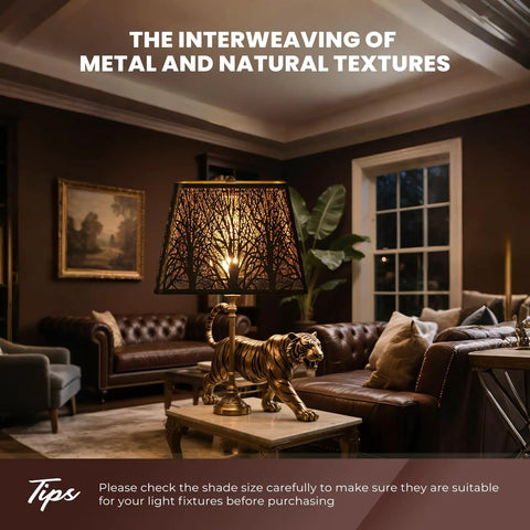 Medium Square Tree Pattern Metal Lampshade For Table And Floor Lamps, 9 x 12 x 8.8 Inches, Spider Mount, Black Gold Finish, in living room