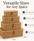 Four sizes of Heavy Duty Plastic Wicker Storage Basket With Lids Waterproof Woven Organizer Bins For Home Closet displayed with dimensions.