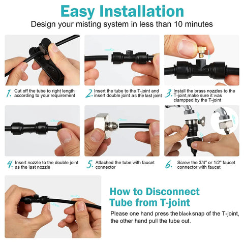 Installation steps for Misting Cooling System For Patio And Garden 82Ft Water Mist Hose With 30 Brass Nozzles And Adapter.