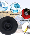 Front view of black rubber trailer hub dust cap plug, 1.98-inch, protects axle bearing and hub.