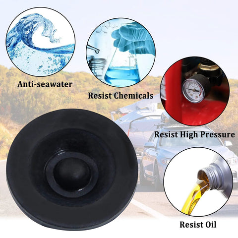 Front view of black rubber trailer hub dust cap plug, 1.98-inch, protects axle bearing and hub.