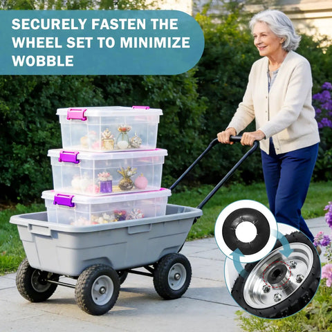 Person using cart secured with Heavy Duty Internal Tooth Star Lock Washer Kit For Quick One Way Locking On Axles 49 Piece Set
