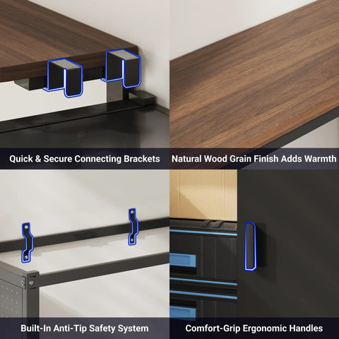 Modular Garage Storage System With Workbench And Pegboard Shelving, showing close-up of wood finish, brackets, safety system, and handles.
