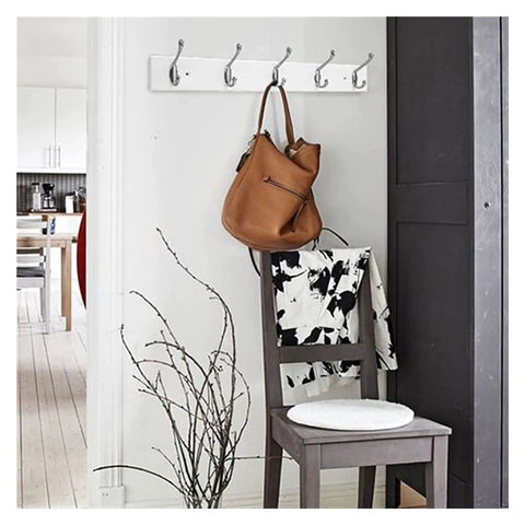 Wall Mount Wooden Coat Hooks And Rails With Zinc Alloy Entryway Organizer supporting a brown bag and jacket in a stylish entryway.