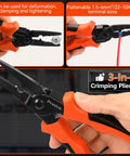 3-In-1 crimping pliers with orange and black handles tightening wire, shown in two views: side and in use for terminal sizes 1.5-6mm².