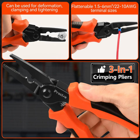 3-In-1 crimping pliers with orange and black handles tightening wire, shown in two views: side and in use for terminal sizes 1.5-6mm².