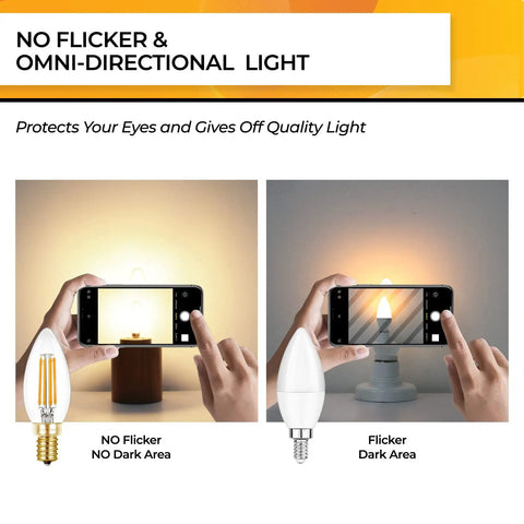 Comparison of E12 LED Candle Bulb Dimmable 4W 450 Lumens 2700K Soft White with flaring and non-flaring light effects.