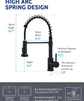 Diagram of black kitchen faucet with pull down sprayer; high arc spring, single handle, 304 stainless, 1 or 3 hole installation
