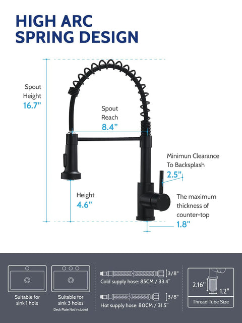 Diagram of black kitchen faucet with pull down sprayer; high arc spring, single handle, 304 stainless, 1 or 3 hole installation